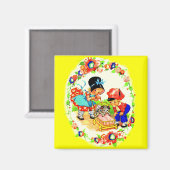 女と男の子と子猫と子犬 マグネット (正面/裏面)