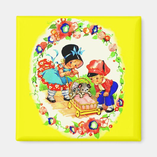 女と男の子と子猫と子犬 マグネット (正面)