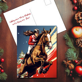 女と馬のジャンプ馬術クリスマス シーズンポストカード