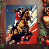 女と馬のジャンプ馬術クリスマス シーズンポストカード