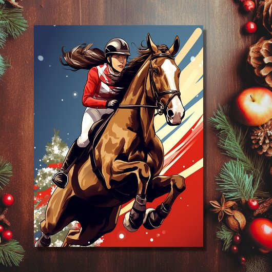 女と馬のジャンプ馬術クリスマス シーズンポストカード