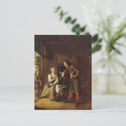 『女にワインを差し出す男』(ピーテル・フーホによる) ポストカード (スタンド正面)