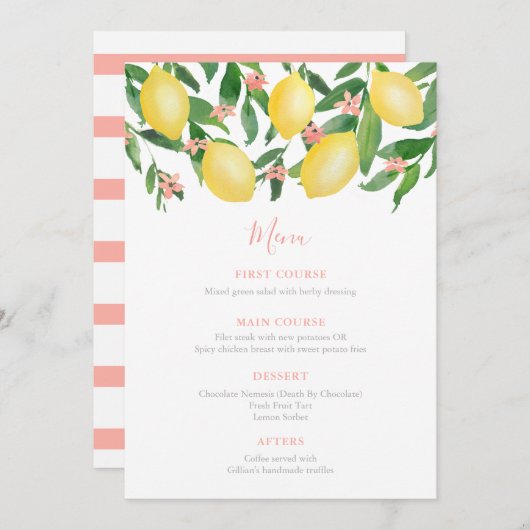 女のかわいらし子のためのピンクのレモン柑橘系ベビーシャワー メニュー (正面/裏面)