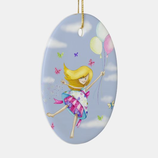 女のかわいらし子の気球の妖精の贈り物のファンシー飛行 セラミックオーナメント (右)