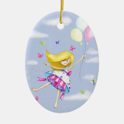 女のかわいらし子の気球の妖精の贈り物のファンシー飛行 セラミックオーナメント (正面)