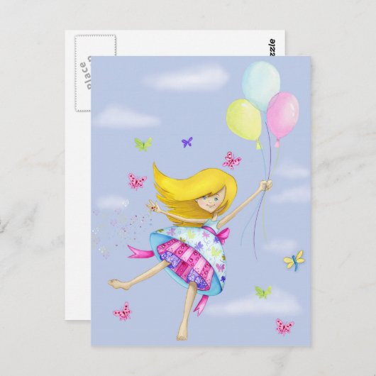 女のかわいらし子の気球の妖精の贈り物のファンシー飛行 ポストカード (正面/裏面)