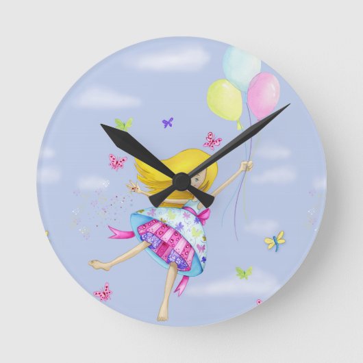女のかわいらし子の気球の妖精の贈り物のファンシー飛行 ラウンド壁時計 (正面)