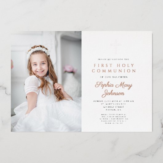 女のエレガント子の写真の最初のバラ金ゴールド 箔招待状 (正面)