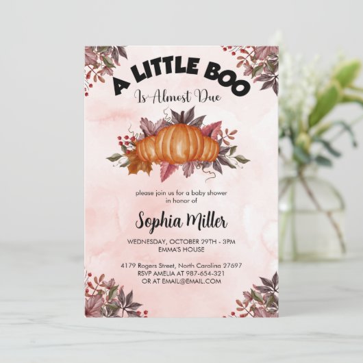 女のカスタム子のためのピンクのパンプキンハロウィーン赤ちゃんシャワー 招待状 (スタンド正面)