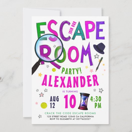 女のクール子エスケープルームパープルピンクタイプウォータカラー 招待状 (正面)