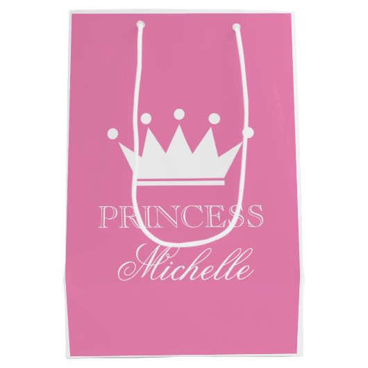 女のパーソナライズされた子のためのピンクのプリンセスクラウン抱き枕 ミディアムペーパーバッグ (裏面)