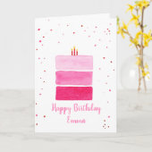 女のパーソナライズされた子のピンクのお誕生日ケーキ カード (黄色い花)