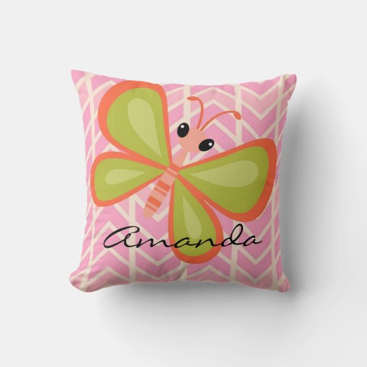 女のパーソナライズされた子のピンクの蝶ピロー クッション (正面)