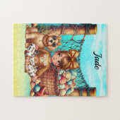 女のパーソナライズされた子の名前は子犬と座って ジグソーパズル (横)