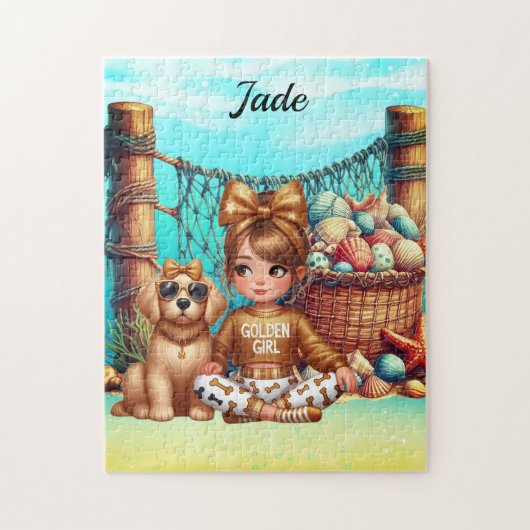 女のパーソナライズされた子の名前は子犬と座って ジグソーパズル (縦)