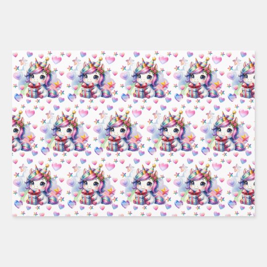女のパーソナライズされた子の誕生日ユニコーンをテーマにした ラッピングペーパーシート (正面)