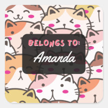 女のパーソナライズされた子は猫の四角ステッカーに属している