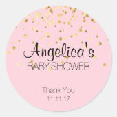 女のパーソナライズされた子ピンクと金ゴールドの赤ちゃんシャワーラベル ラウンドシール (正面)