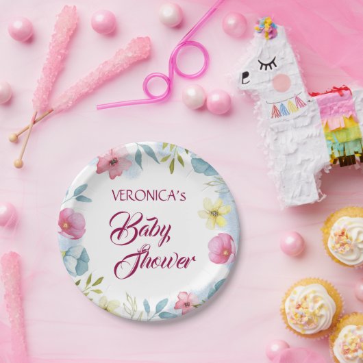女のパーソナライズされた子フローラ水色ベビーシャワー ペーパープレート (パーティー)