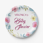 女のパーソナライズされた子フローラ水色ベビーシャワー ペーパープレート (正面)