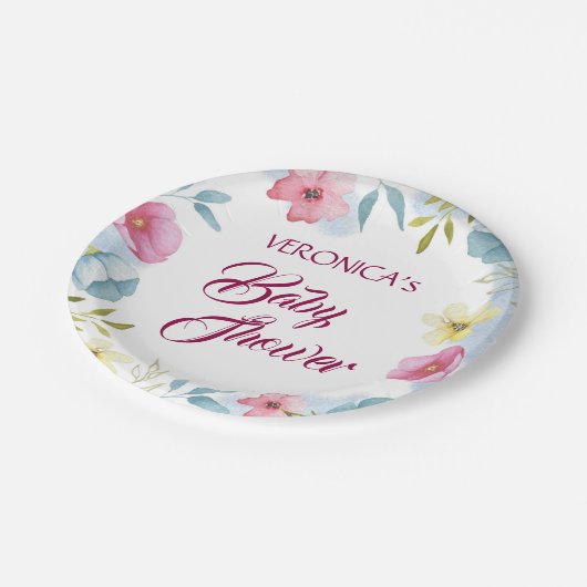 女のパーソナライズされた子フローラ水色ベビーシャワー ペーパープレート (アングル)