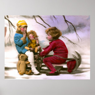 女のフランスの子遊は雪の中におもちゃを持っている ポスター