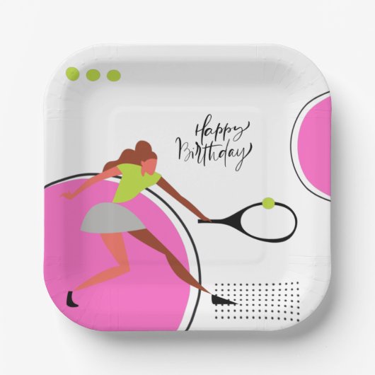 女のプレイヤー誕生日のテニスボール ペーパープレート (正面)