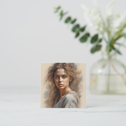 女のポートレートは女の鉛筆のスケッチだ。p スクエア名刺 (スタンド正面)