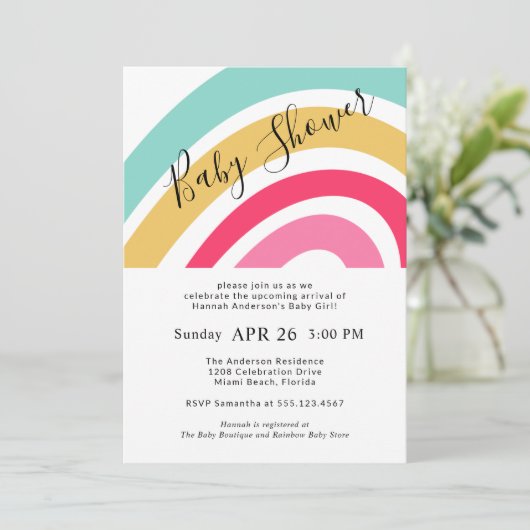 女のモダン子のための明るい虹の赤ちゃんシャワー 招待状 (スタンド正面)