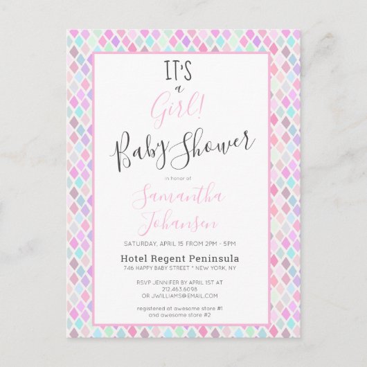 女のモダン子の幾何学模様の赤ちゃんシャワー インビテーションポストカード (正面)