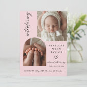 女のモダン子の誕生発表フォトコラージュカード 招待状 (スタンド正面)