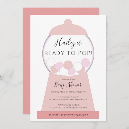 女のモダン子ピンクのガンボールマシン赤ちゃんシャワー 招待状 (正面/裏面)