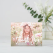 女のモダン子フォトスクリプト誕生日サンキューカード ポストカード (スタンド正面)