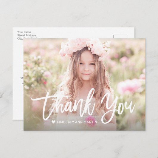 女のモダン子フォトスクリプト誕生日サンキューカード ポストカード (正面/裏面)