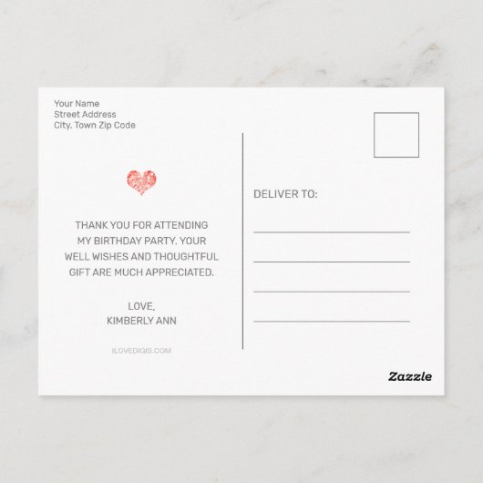 女のモダン子フォトスクリプト誕生日サンキューカード ポストカード (裏面)