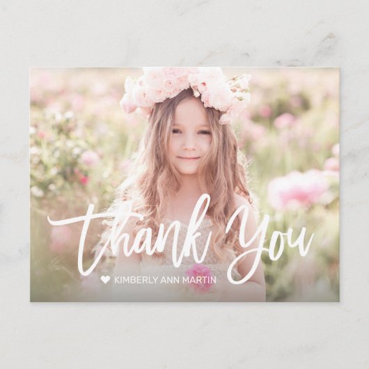女のモダン子フォトスクリプト誕生日サンキューカード ポストカード (正面)