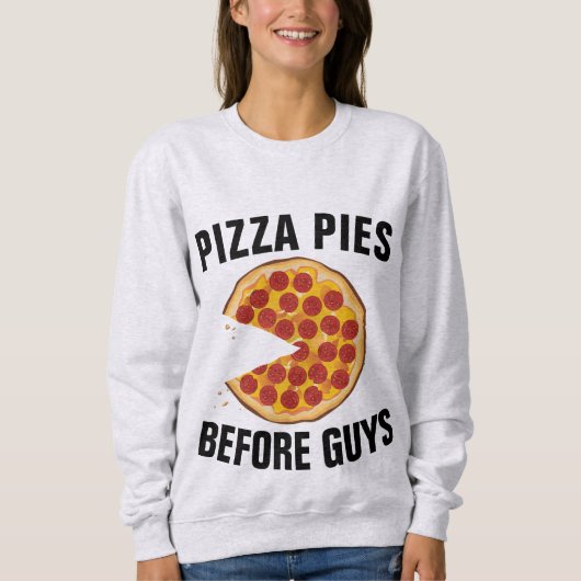 女の人の前のピザパイおもしろいTシャツ スウェットシャツ (正面)