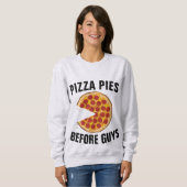 女の人の前のピザパイおもしろいTシャツ スウェットシャツ (正面フル)