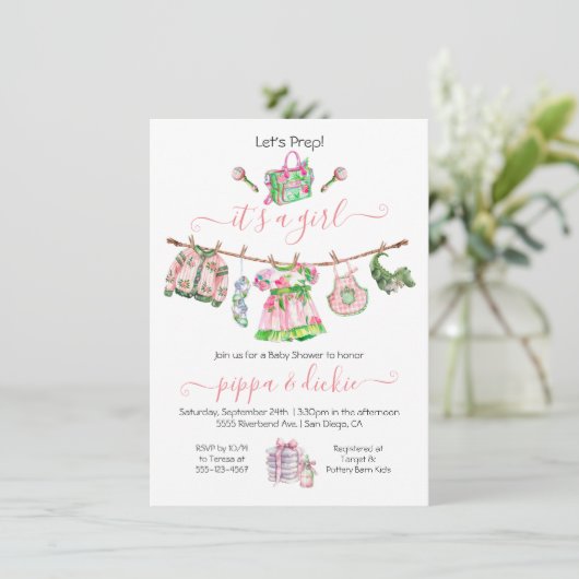 女の名門私立校風の子の物干し用ベビーシャワー 招待状 (スタンド正面)