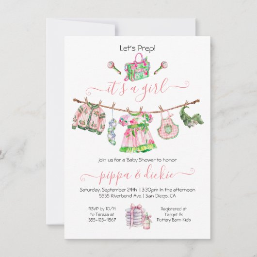 女の名門私立校風の子の物干し用ベビーシャワー 招待状 (正面)