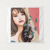 女の女性の女性のかわいらし顔、ポートレートアートT タペストリー (正面)