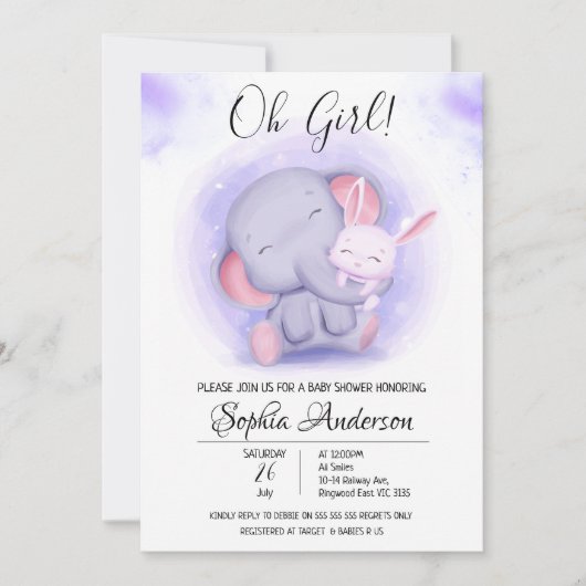 女の子うさぎと象の赤ちゃんシャワー 招待状 (正面)