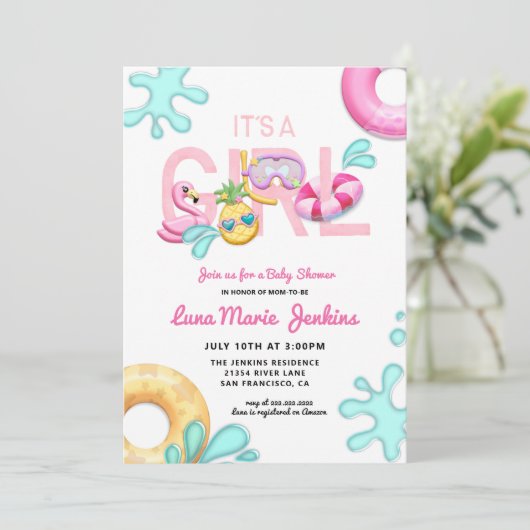 女の子おもしろい夏の熱帯プール赤ちゃんシャワー 招待状 (スタンド正面)