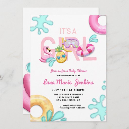 女の子おもしろい夏の熱帯プール赤ちゃんシャワー 招待状 (正面/裏面)