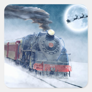 女の子およびサンタが付いている真夜中のクリスマスの列車 スクエアシール