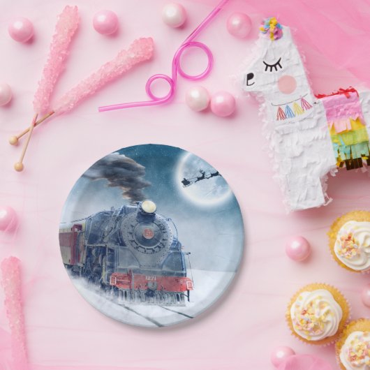 女の子およびサンタが付いている真夜中のクリスマスの列車 ペーパープレート (パーティー)