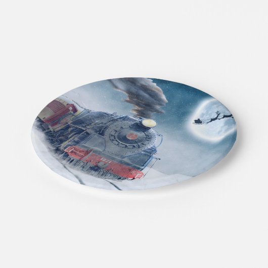 女の子およびサンタが付いている真夜中のクリスマスの列車 ペーパープレート (アングル)