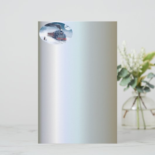 女の子およびサンタが付いている真夜中のクリスマスの列車 便箋 (スタンド正面)