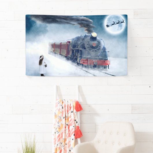 女の子およびサンタが付いている真夜中のクリスマスの列車 横断幕 (インサイチュ)