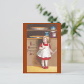 女の子およびパンプキンパイのヴィンテージの感謝祭 シーズンポストカード (スタンド正面)